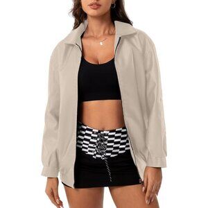 Women's Beige Oversized Faux Leather Fashion Zip Up Motorcycle Loose Fit Jacket